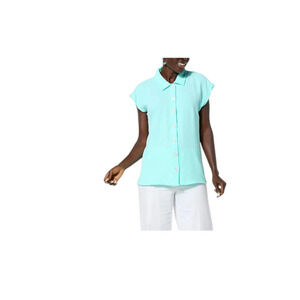Nina Leonard Women's Wave Tortoise Button Top Aquamarine - Regular